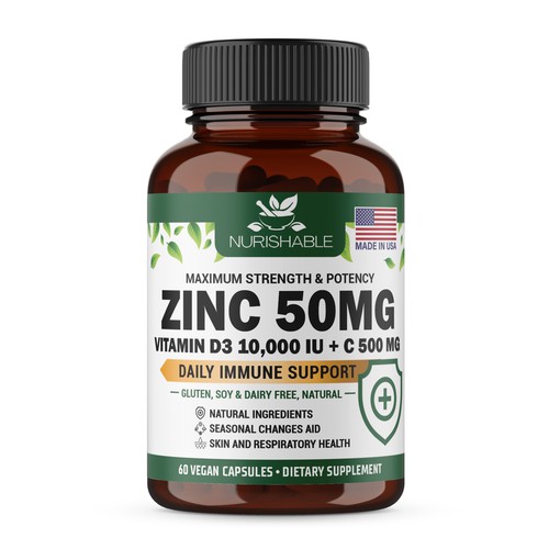We need a "beautiful bottle label" for Zinc and Vitamin D3 supplement - Redesign Design by Fredrick Balois