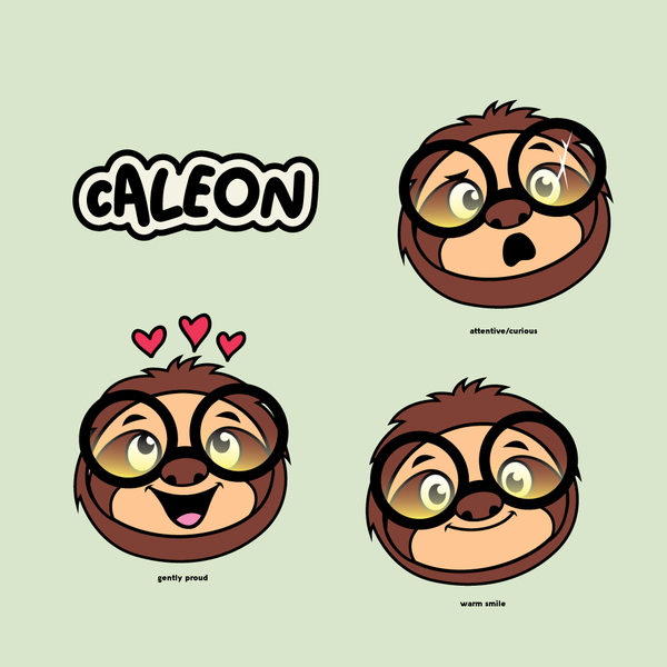 Calm, friendly sloth mascot for life story journaling app