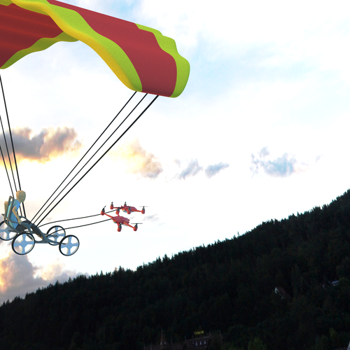 Make a printable 3d model of a paragliding wheelchair being pulled by quadcopters. Design by ibaykoc