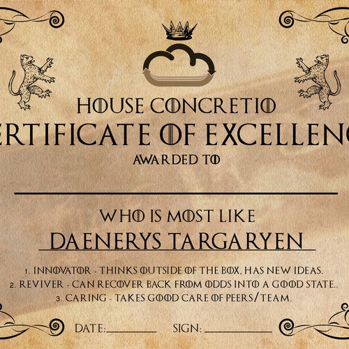 Game of thrones styled award certificate