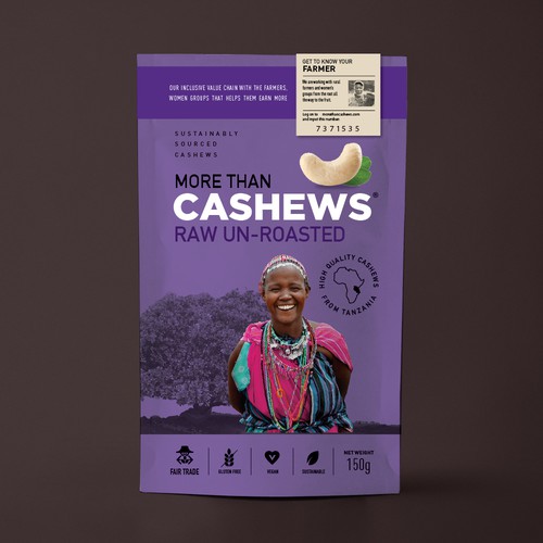 Create a beautiful stand up pouch for Sustainable, Single Origin Cashew Nuts Design by Pepper Pack Design