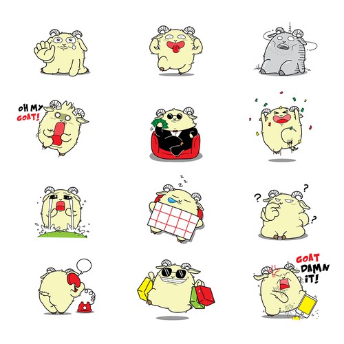 Cute/Funny/Sassy Goat Character(s) 12 Sticker Pack デザイン by helloalph
