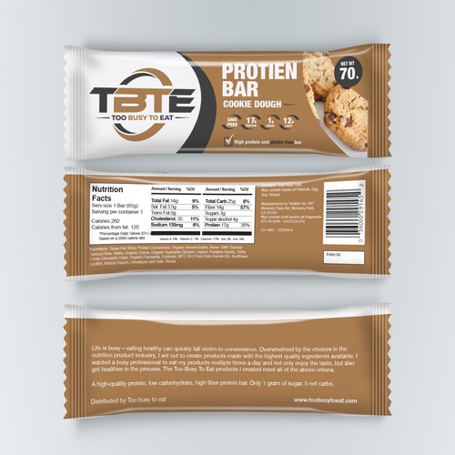 Design a unique protein bar wrapper for Too Busy To Eat Design réalisé par dannymerrion