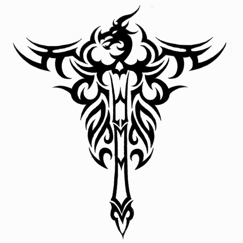 Back sword tatto, represents power, warrior's sword, with a dragon face on the circle of the swords handle Design by Jezzus