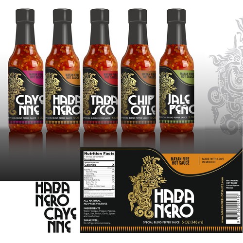 Design di Mayan Fire Hot Sauce di Luc.it