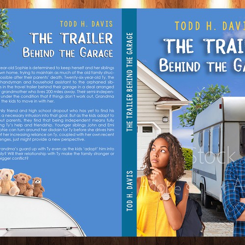 Young White man and Black female teenager in front of a travel trailer on book cover Design by thekidgraphic