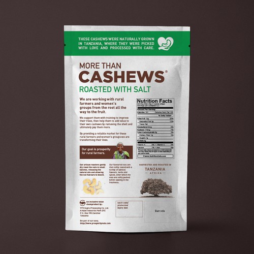 Create a beautiful stand up pouch for Sustainable, Single Origin Cashew Nuts Design by Pepper Pack Design