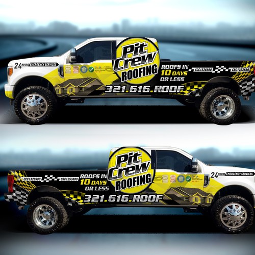 Vehicle Wrap Modification for a race car themed roofing company Design by MasterWraps™