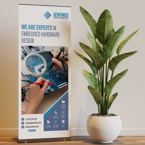 Design of a roll-up banner for a trade-fair introducing our Electronic Design Agency! Design by BrainStorm.