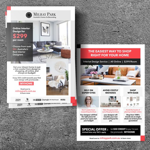 Design a mailbox flyer for an online interior design company Postcard