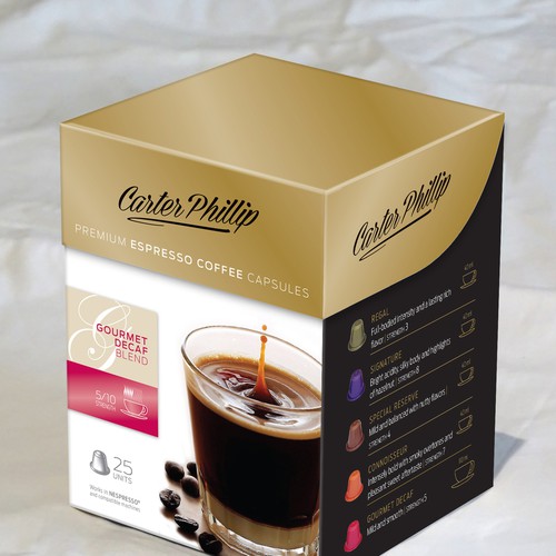 Design an espresso coffee box package. Modern, international, exclusive. Design by Sonia Maggi