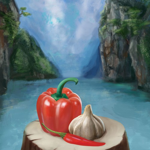 Tropical Sun Chilli & Garlic Sauce Label Digital Painting Design von Kuwagonite