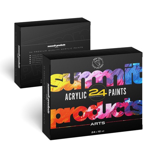 We need a vibrant packaging design for a premium quality acrylic paint set Design by Bognar Graphics