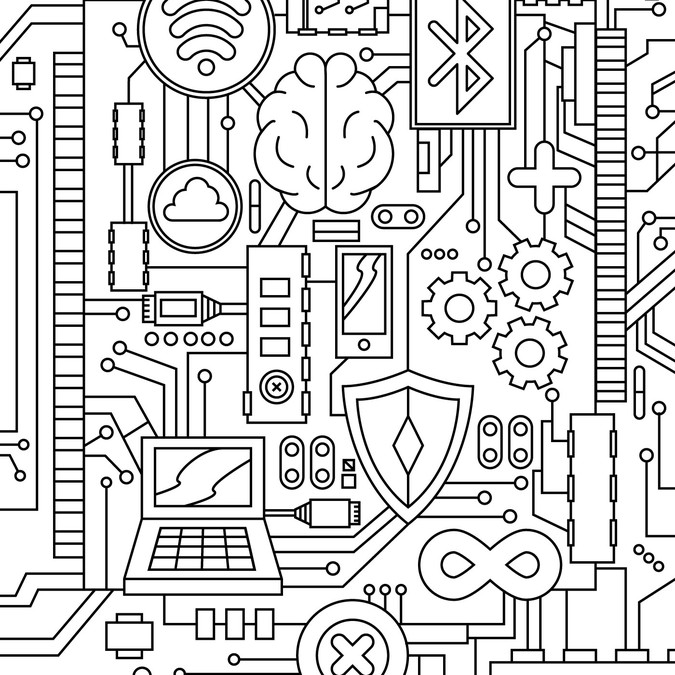 Technology Themed Adult Coloring Book Page Illustration