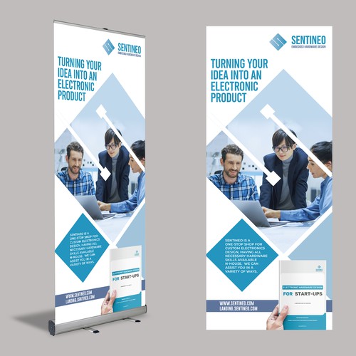 Design of a roll-up banner for a trade-fair introducing our Electronic Design Agency! Design by Creativity symbol