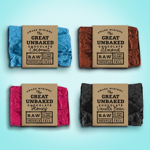 Modern, Clean, Contemporary, Bold, Chic, Retro packaging for chocolate bar wrapper or sleeve Design by Martis Lupus