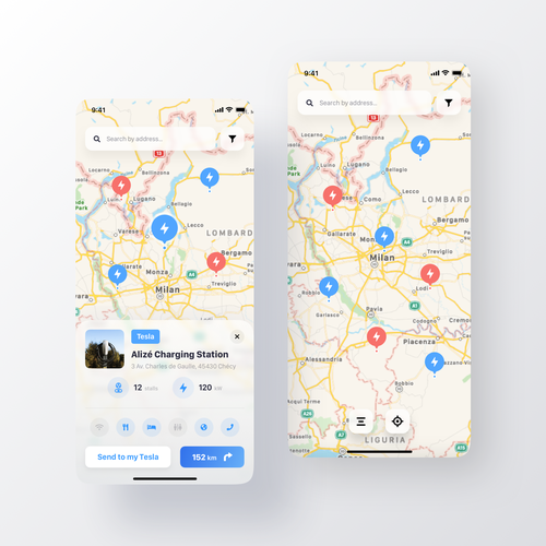 Tesla App to localise charging point on a map Design by Uladzis