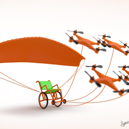 Make a printable 3d model of a paragliding wheelchair being pulled by quadcopters. Design by syakuro