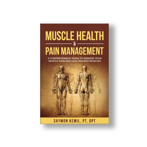 Book cover with a drawing images of the human anatomy combining muscles and bone structure. Design by Aziel Design