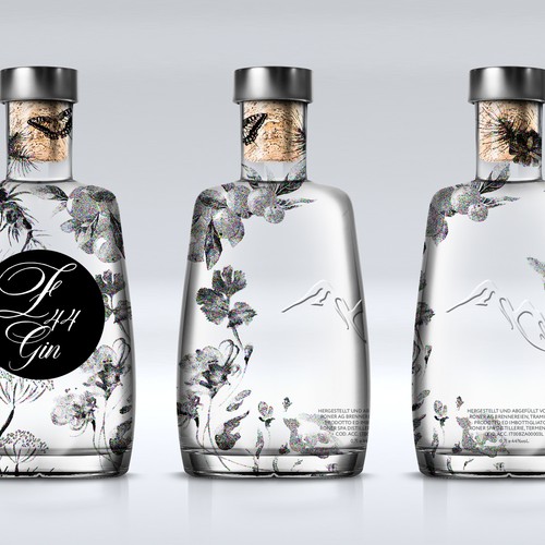 Gin Bottle & packaging design + merchandising Design by bcra