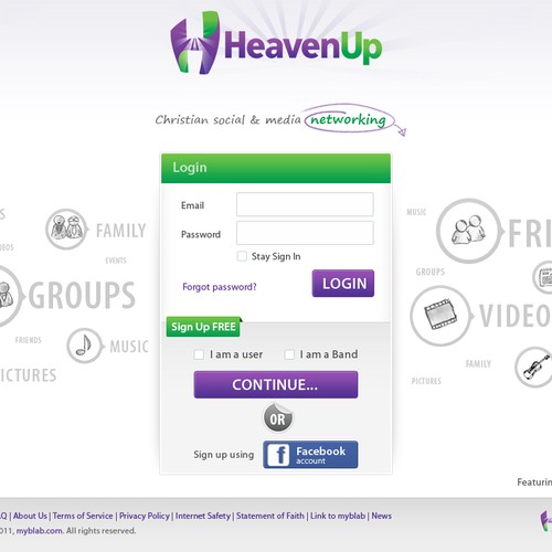 HeavenUp.com - Main Home Page ONLY! - Christian social and media networking site.  Clean and simple!    Design por 3dicon