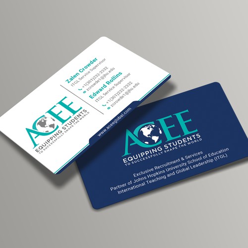 ACEE's new business card to show the partnership with JHU ITGL program Design von Roni_