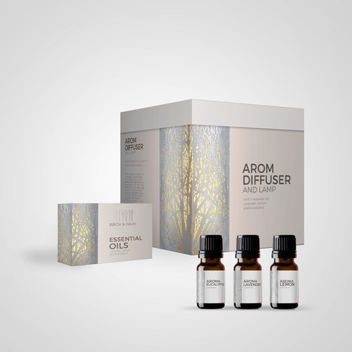 Create a standout packaging design for our Birch & Gray Aroma Diffuser ...