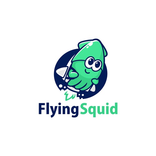 Logo of a squid wearing a jetpack for product named FlyingSquid Design by jasterxinan