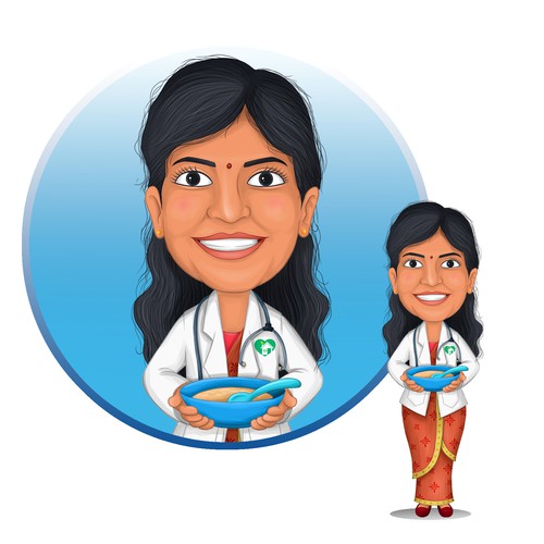 Design an attractive caricature of  "doctor mom, Dr Hema " for a healthy organic indian baby food br Design by mons.gld