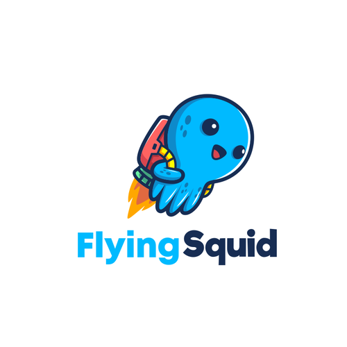 Logo of a squid wearing a jetpack for product named FlyingSquid Design by palugongso