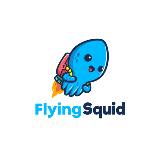Logo of a squid wearing a jetpack for product named FlyingSquid Design by palugongso
