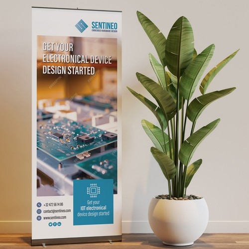 Design of a roll-up banner for a trade-fair introducing our Electronic Design Agency! Design by BrainStorm.