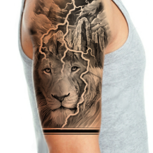 Mountain, lion and a lightning tattoo (right-side shoulder to arm) | Tattoo  contest | 99designs
