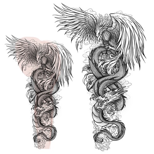 Tattoo Design: Full color Japanese style sleeve of Phoenix and Dragon Design by Anastasia1995