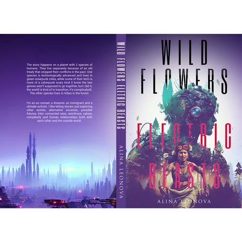 A cover for a sci-fi book with 2 species of humans (a tribal & a high-tech one), solarpunk aesthetics & wild nature Design by Aaniyah.ahmed