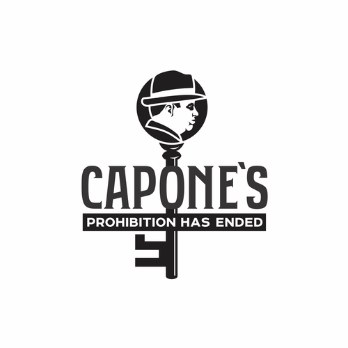 Design a prohibition style logo with a old key and al Capone face ( side view ) black and white Design by zorndesign