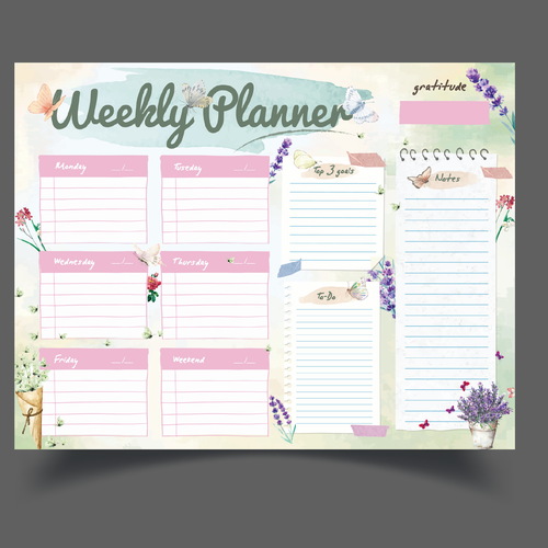 Design a weekly planner template with graphical elements. Design by ✒️ Maii.sh