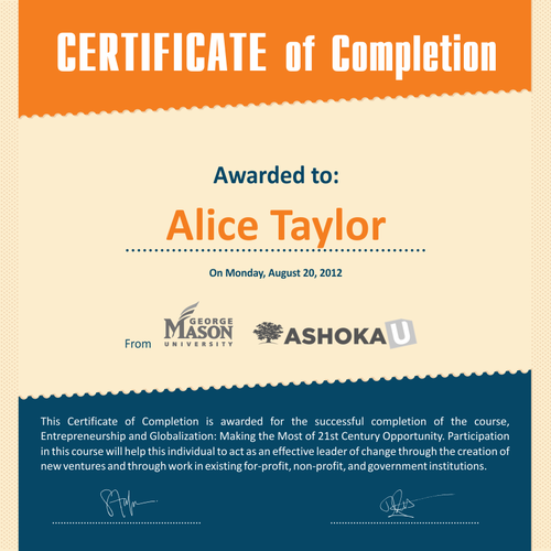 Ashoka U Online needs a new certificate of completion  デザイン by Ayra