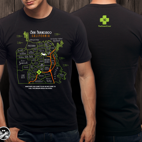 Create a vibrant San Francisco map-themed t-shirt for The Green Cross! Design by xzequteworx