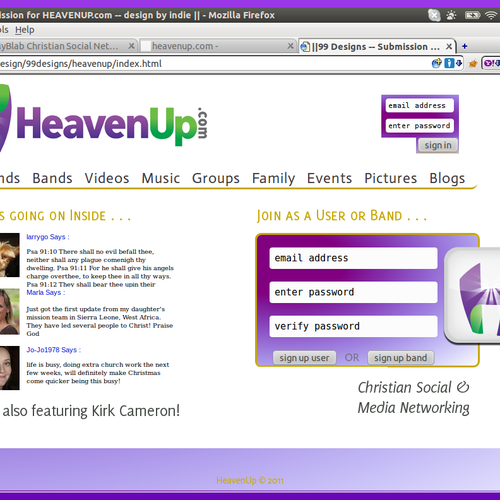 HeavenUp.com - Main Home Page ONLY! - Christian social and media networking site.  Clean and simple!    Design by indie