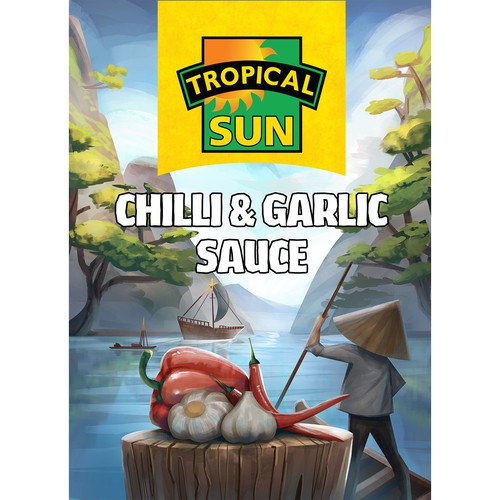 Tropical Sun Chilli & Garlic Sauce Label Digital Painting Design réalisé par Gabriel™