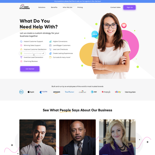 Create an enticing and user and human centric website design for a live chat support service company Design by Obizzy