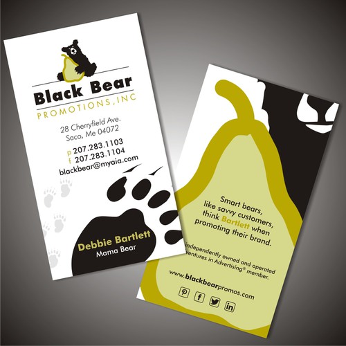 Design by i'm armand titled "Help Black Bear Promotions, Inc design a new  edgy business card to include social media info"