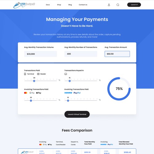Design a landing page for a credit card processing comparison calculator. Design by Yevhen Medvediev