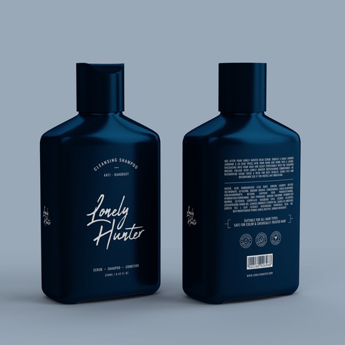 Minimalist shampoo bottle design for approachable male hair brand Design by CUPEDIUM