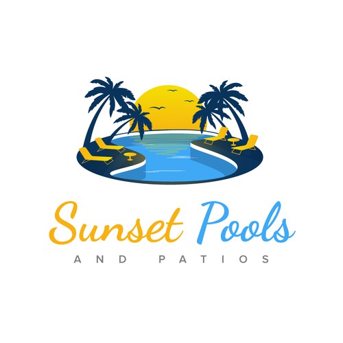 Sunset, Palm Tree & Pool logo for swimming pool construction Logo