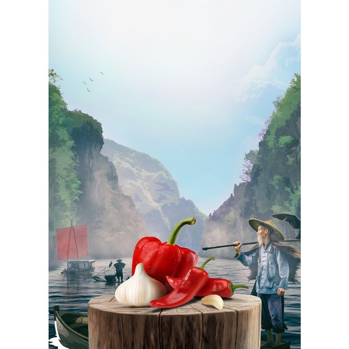 Design di Tropical Sun Chilli & Garlic Sauce Label Digital Painting di FitzgeraldDesigns