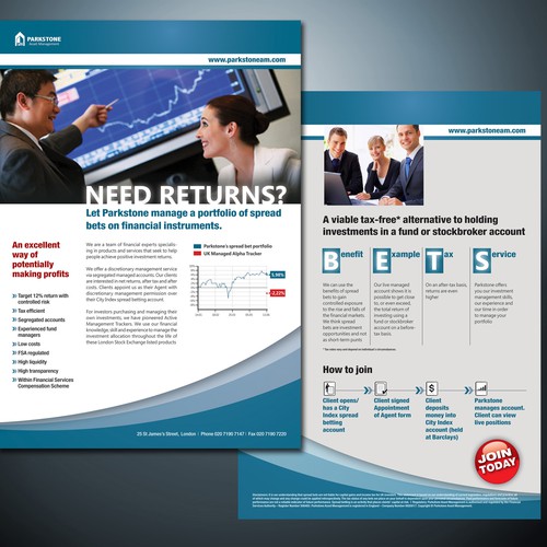 A4 double sided flyer for Parkstone Asset Management Ltd