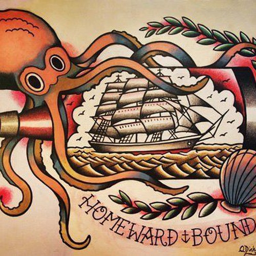 Hip & vintage sailor jerry tattoo style logo for treasure hunt at