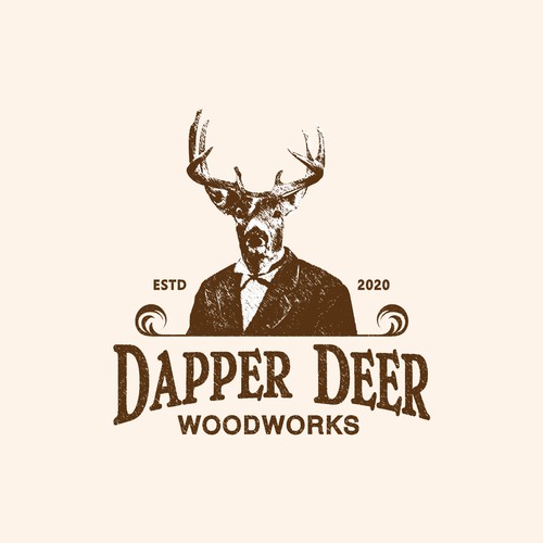 Vintage Dapper Deer logo for high-end woodworking. Design by sarvsar